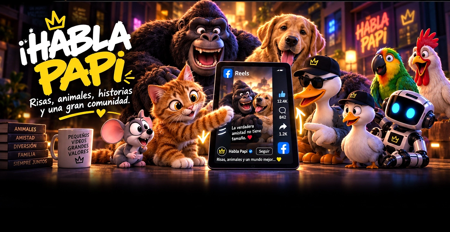 Habla Papi con sus personajes alrededor de una tablet